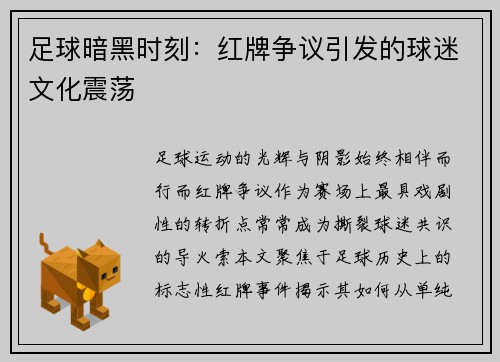 足球暗黑时刻：红牌争议引发的球迷文化震荡